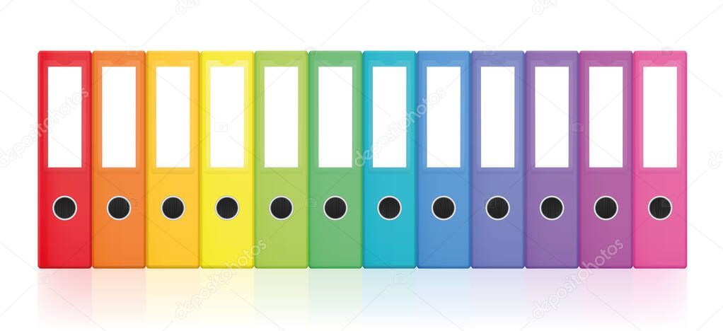 Rainbow colored set of ring binders, colorful blank leaf binder map collection for happy office organization work and orderly filing. Isolated vector illustration on white background.