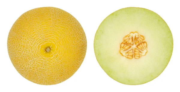 Galia Melon Halvdeler Også Sarda Melon Isolert Ovenfra Fersk Moden – stockfoto