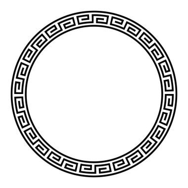 Circle frame with a simple meander pattern. Decorative border and ring, made of angular spirals, shaped into a seamless motif, within two circles. Greek key. Black and white illustration, over white. clipart