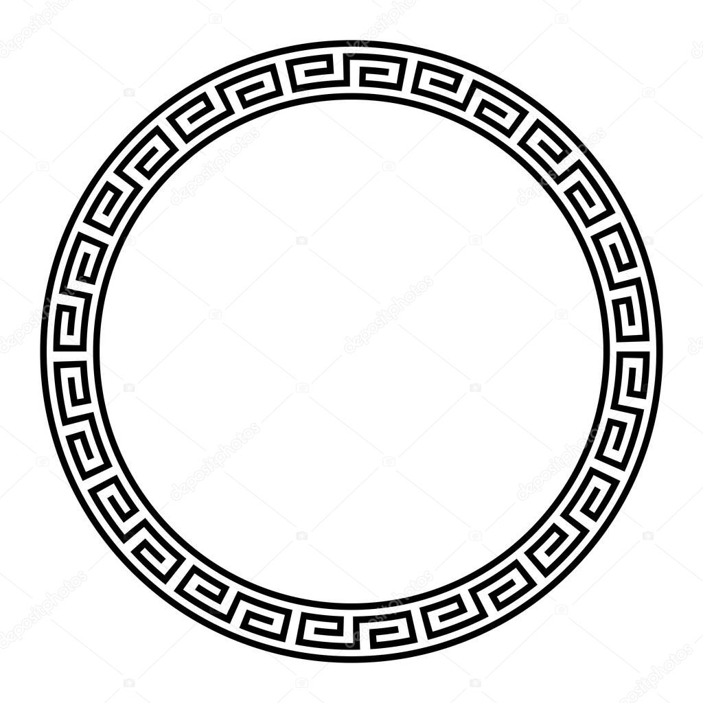 Circle frame with a simple meander pattern. Decorative border and ring, made of angular spirals, shaped into a seamless motif, within two circles. Greek key. Black and white illustration, over white.