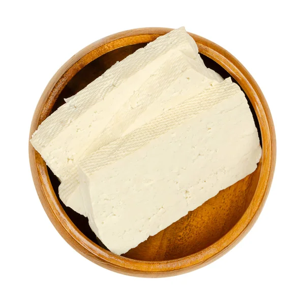 Fatias Tofu Branco Uma Tigela Madeira Fatiado Coalhada Feijão Leite — Fotografia de Stock