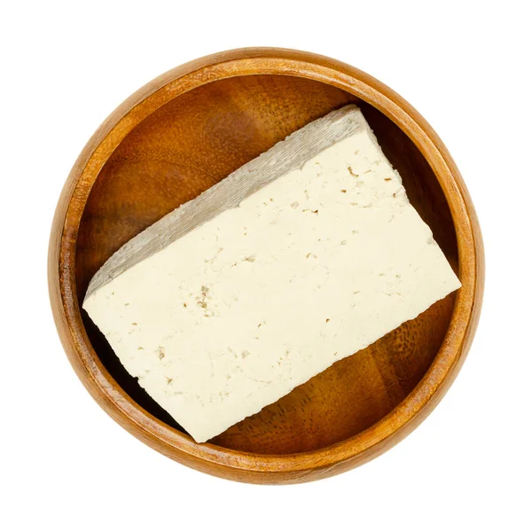 Blok Witte Tofu Een Houten Kom Bonenwrongel Gestremde Sojamelk Witte — Stockfoto