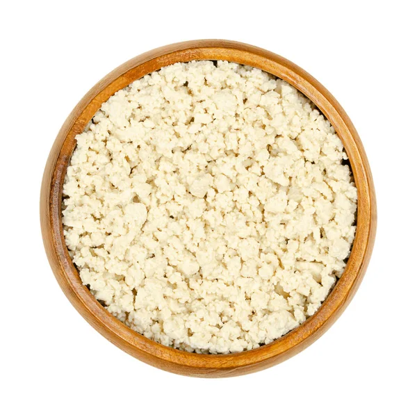 Crumbled White Tofu Wooden Bowl Mashed Bean Curd Coagulated Soy — Stock Photo, Image