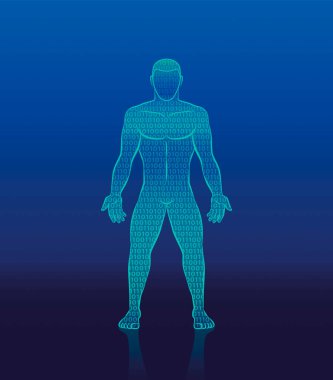 İkili kod siber adam - birler ve sıfırlarla oluşturulmuş dijital insan silueti - yapay zeka, sibernetik, biyonik robotik veya süper zeka sembolü. Vektör illüstrasyonu.