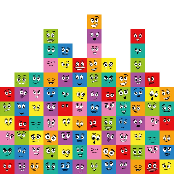 Quadrados Coloridos Com Diferentes Rostos Cômicos Felizes Engraçados Tristes Rabugentos — Vetor de Stock