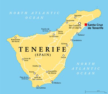 Tenerife adası, politik harita, başkent Santa Cruz de Tenerife ile. Kuzey Atlantik Okyanusu 'ndaki Kanarya Adaları' nın en büyük ve en kalabalık adası, İspanya 'nın otonom bölgesi..