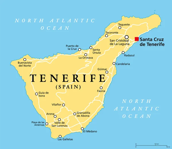 Ilha Tenerife Mapa Político Com Capital Santa Cruz Tenerife Maior — Vetor de Stock