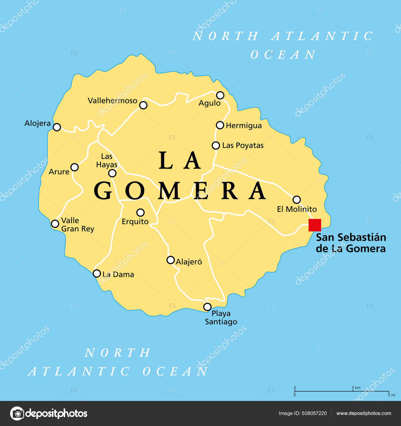 首都サン セバスティアン ゴメラとラ ゴメラ島 政治地図 北大西洋のアフリカ沿岸にあるカナリア諸島の一つでスペインの群島と自治体です