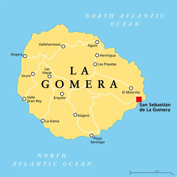 Gomera Politisk Karta Med Huvudstad San Sebastian Gomera Kanarieöarna Ögrupp — Stock vektor