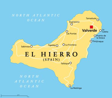 El Hierro adası, politik harita, başkenti Valverde. Lakabı Meridian Adası, Kanarya Adaları 'nın bir parçası, Atlas Okyanusu' nda, Afrika kıyıları açıklarında, İspanya 'nın özerk bir takımadası..