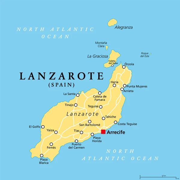 Lanzarote, politik harita, sermaye Arrecife ile. Kuzey ve en doğudaki Kanarya Adaları adası, İspanya 'nın özerk bir bölgesi, Atlas Okyanusu' nda, Afrika kıyıları açıklarında..