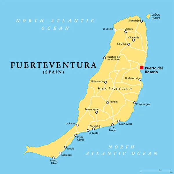 Ilha Fuerteventura Mapa Político Com Capital Puerto Del Rosario Uma — Vetor de Stock