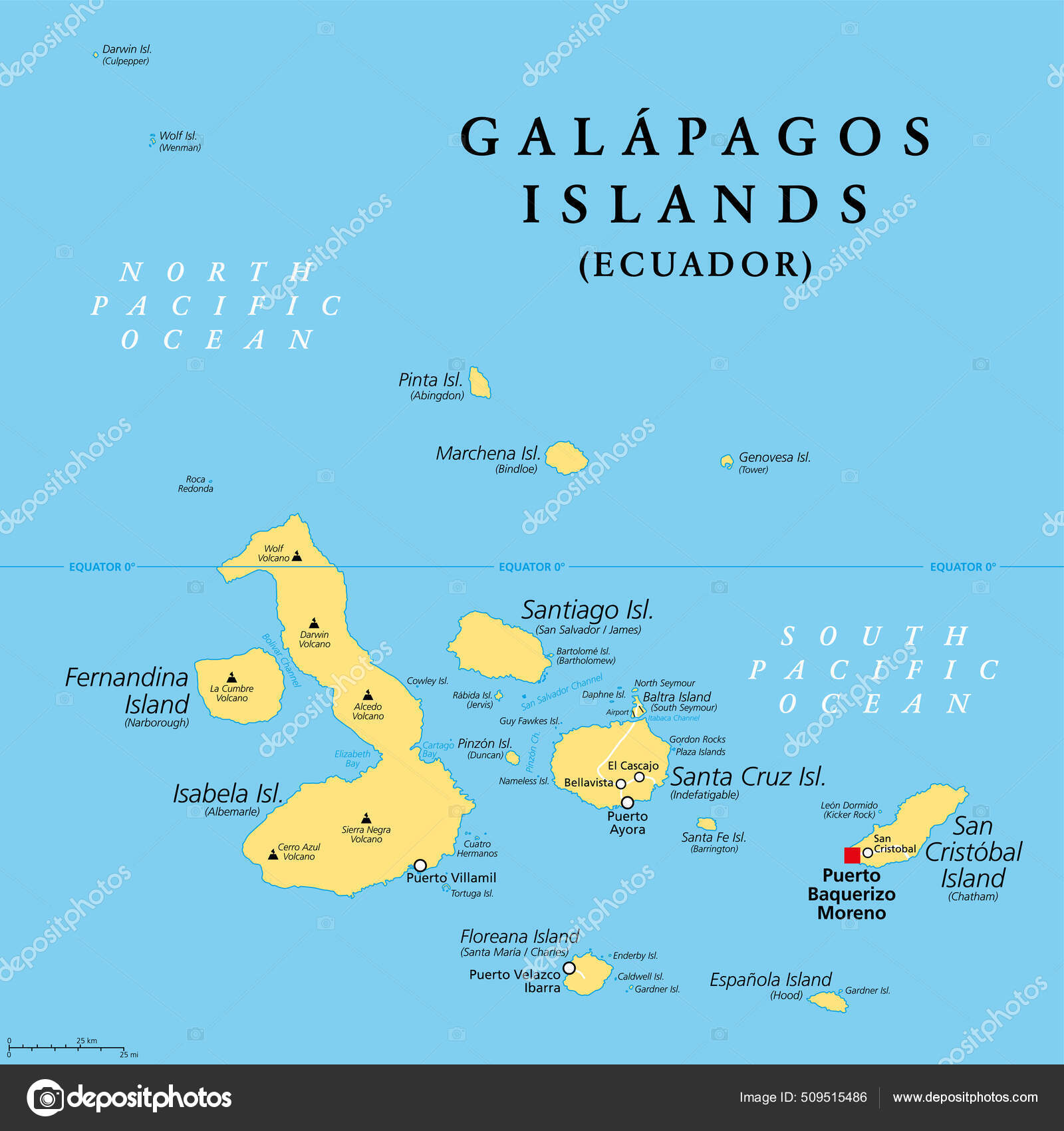 Insulele Galapagos Ecuador Harta Politică Capitala Puerto Baquerizo Moreno Arhipelagul Vector de stoc de ©Furian 509515486