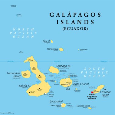 Galapagos Islands, Ecuador, political map, with capital Puerto Baquerizo Moreno. Archipelago of volcanic islands on either side of equator in Pacific Ocean known for a large number of endemic species. clipart