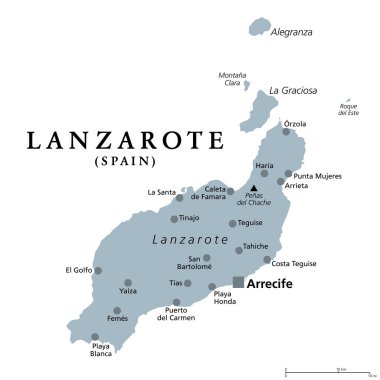 Lanzarote, başkent Arrecife ile gri politik harita. Kuzey ve en doğudaki Kanarya Adaları adası, Atlas Okyanusu 'nda, Afrika kıyıları açıklarında, İspanya' nın otonom bir takımadası..
