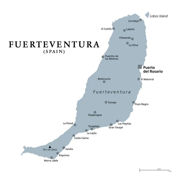 Isla Fuerteventura Mapa Político Gris Con Capital Puerto Del Rosario — Vector de stock