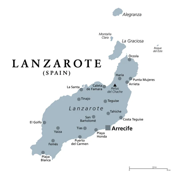 Lanzarote Mapa Político Gris Con Capital Arrecife Isla Más Septentrional — Archivo Imágenes Vectoriales