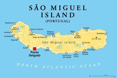 Sao Miguel Adası, Azores, Portekiz, politik harita, başkent Ponta Delgada. Lakabı 