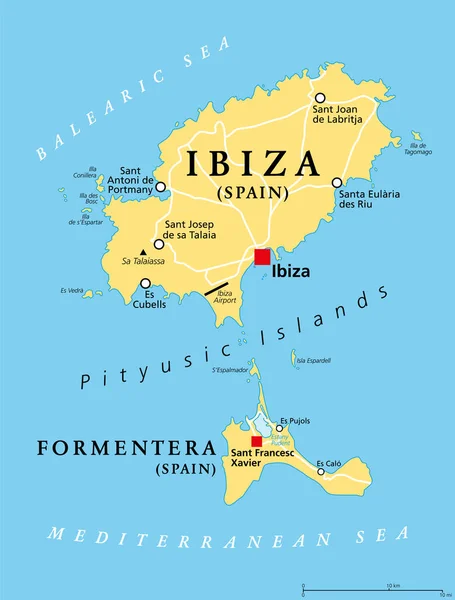 Ibiza Formentera Island Spain Political Map 皮图西奇群岛 通常被称为派恩群岛 Pine Islands — 图库矢量图片