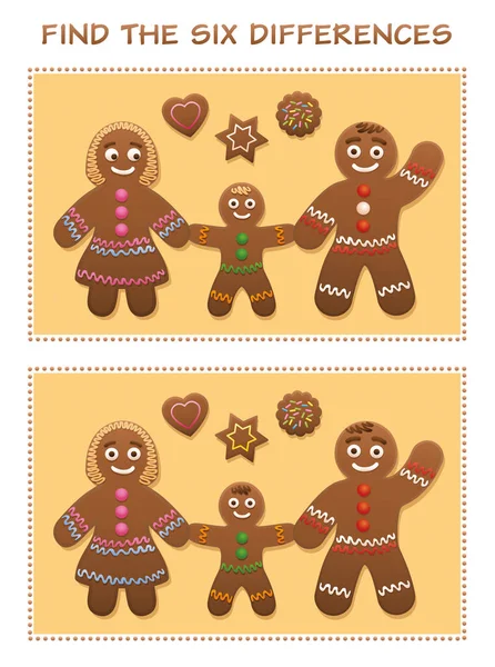 Znajdź Sześć Różnic Pierniki Rodziny Ciasteczka Słodkie Słodkie Boże Narodzenie — Wektor stockowy