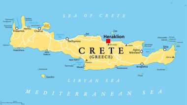 Girit, Yunan adası, siyasi harita, başkenti Heraklion. Yunanistan 'ın en büyük adası ve Akdeniz' in beşinci büyük adası. Büyük Minos yerleşimleriyle Knossos, Phaistos, Malia ve Zakros.