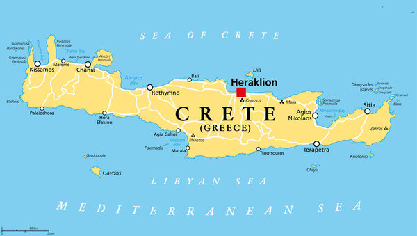 Crete, Greek island, political map, with capital Heraklion. Largest island of Greece and fifth largest in the Mediterranean Sea. With the major Minoan settlements Knossos, Phaistos, Malia and Zakros.