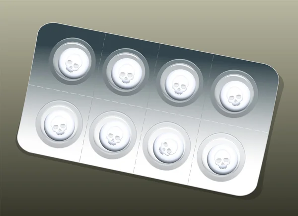 Tabletta buborékfóliában, fehér koponyák — Stock Vector