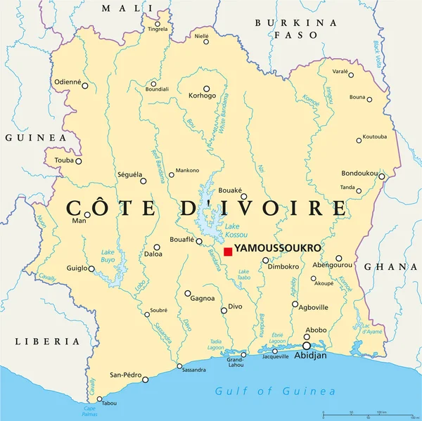 Ivory Coast Political Map - Cote d'Ivoire — Stockový vektor