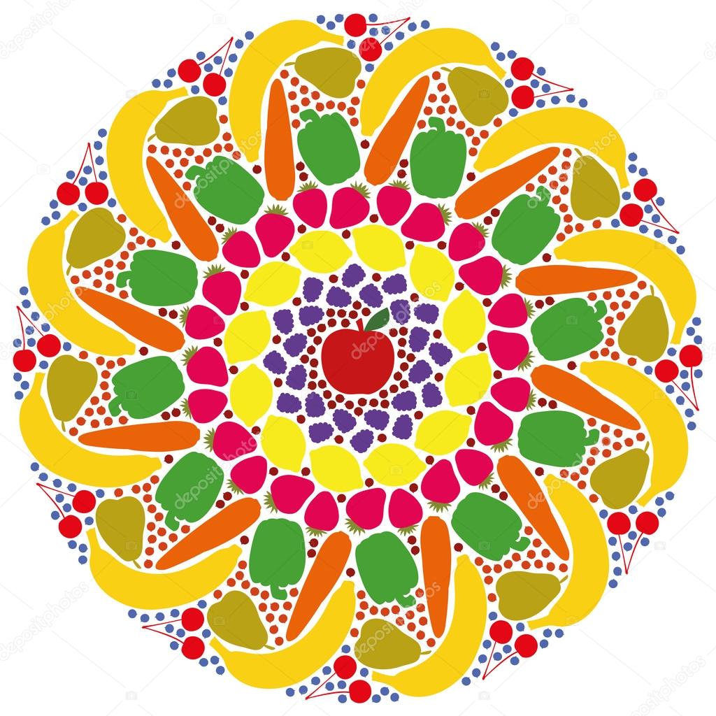 Mandala fuori colorata frutta e verdura Illustrazione vettoriale isolato su sfondo bianco — Vettoriali di Furian