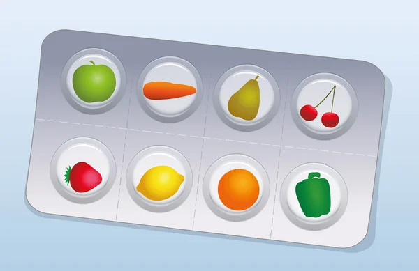 Pilules de vitamines Plaquettes thermoformées Fruits Légumes — Image vectorielle