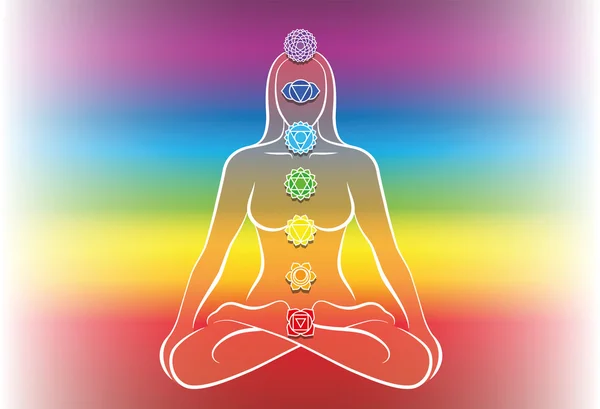 Chakras mujer arco iris fondo — Vector de stock