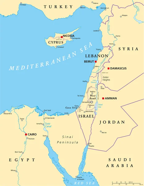 Mappa politica del Mediterraneo orientale — Vettoriale Stock