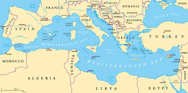 Μεσόγειο θάλασσα περιοχή πολιτικό χάρτη — Διανυσματικό Αρχείο