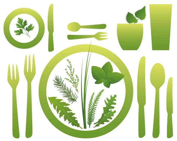 Vegetarian Meal Cutlery Culinary Herbs — Stock Vector