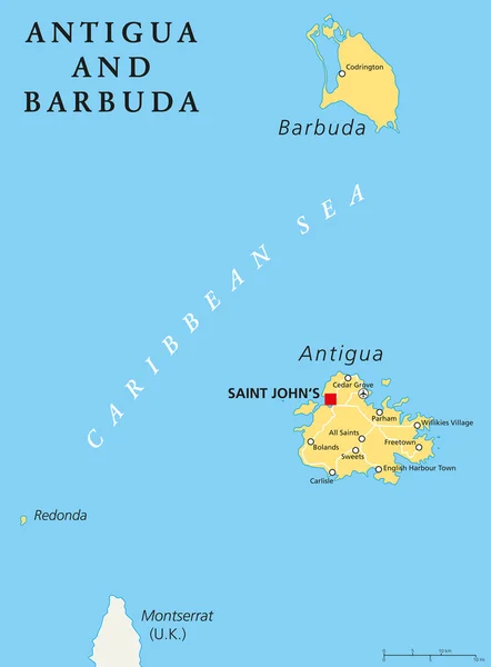 Antigua und Barbuda politische Landkarte — Stockvektor