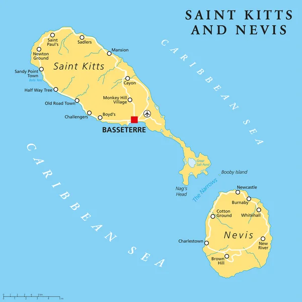 Mappa politica di Saint Kitts e Nevis — Vettoriale Stock