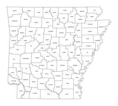 Arkansas eyaleti, 75 ilçeye bölünmüş, ana hat haritası. Güney Amerika Birleşik Devletleri 'nin Batı Güney Orta Bölgesi' nde, namı diğer Doğal Devlet. İzole edilmiş siyah-beyaz çizim. Vektör