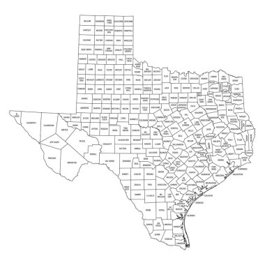 Teksas Eyaleti, 254 ilçeye bölünmüş, ana hat haritası. Amerika Birleşik Devletleri 'nin Güney Merkez Bölgesi' nde, lakabı Lone Star State. İzole edilmiş, siyah beyaz çizimler. Vektör