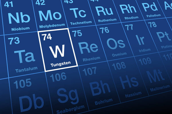 Вольфрам, или также вольфрам, в периодической таблице. Редкий металл и химический элемент с атомным номером 74 и символ В. Вольфрам является шведским тяжелым камнем, вольфрам происходит из руды вольфрама.