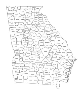 Gürcistan Eyaleti, 159 ilçeye bölünmüş, ilçe isimleri ve sınırlarıyla ana hat haritası. Amerika Birleşik Devletleri 'nin güneydoğu bölgesindeki Peach State, ve Empire State of the South.