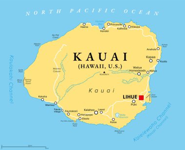 Kauai, ana Hawaii adalarından biri, Amerika Birleşik Devletleri, politik harita, başkenti Lihue ile. Hawaii eyaletinin dördüncü büyük adası, Kuzey Pasifik Okyanusu 'nda, lakabı Bahçe Adası. Vektör