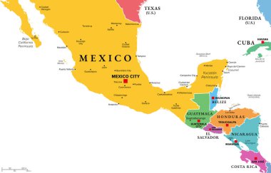 Mezoamerika, çok renkli politik harita. Güney Kuzey Amerika ve Orta Amerika 'nın tarihi bölgesi ve kültürel bölgesi, Meksika' dan Kosta Rika 'ya kadar, orada Kolombiya öncesi toplumlar gelişti. Vektör