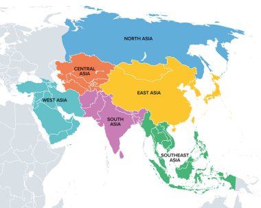 Asya 'nın alt bölgeleri, politik haritalar. Asya kıtasının ana bölgeleri. Kuzey, Orta, Doğu, Batı, Güney ve Güneydoğu Asya. Ural Dağları ve Nehir Asya ve Avrupa arasındaki gayri resmi sınırlardır..