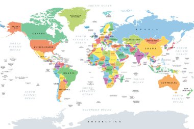 Dünya ülkeleri, uluslararası sınırları, ana okyanusları, en büyük gölleri ve denizleri olan çok renkli siyasi haritalar. Silindirik projeksiyon. İngilizce etiketleme. Beyazın üzerinde izole bir illüstrasyon. Vektör