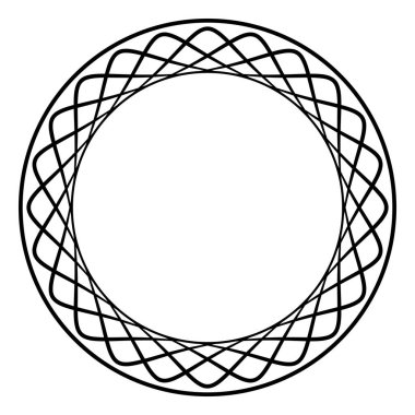 Spirograf desenli dairesel çerçeve. Dekoratif sınır, iki çember arasında sürekli tek bir yol oluşturarak, bir şablon ve 24 yuvarlak kenarlı 3 boyutlu etki yaratıyor, içe doğru bükülmüş gibi görünüyor..