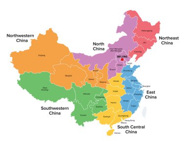 Regions of China, multi colored political map. The six statistical regions of China, with its capital Beijing, and with provinces, municipalities, and autonomous regions. Isolated illustration. Vector