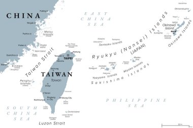 Tayvan ve Okinawa bölgesi, gri politik harita. Tayvan ya da Çin Cumhuriyeti, ROC, Doğu Asya 'da bir ülke. Okinawa Adaları ve Sakishima Adaları Ryukyu Adaları 'nın bir parçasıdır. Vektör