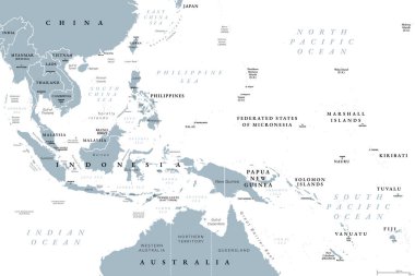 Güneydoğu Asya, Melanezya ve Mikronezya, gri politik harita. Çin 'in güneyi ve Hindistan' ın doğusu, Okyanusya ve Melanezya 'nın alt bölgeleri ve Avustralya' nın kuzey kesimi. Vektör