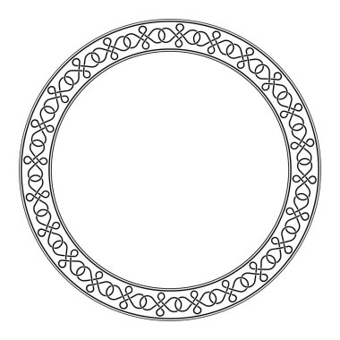 Zincirleme bant modeli, daire çerçeve. 24 iç içe geçmiş dört düğümden oluşmuş dekoratif dairesel kenar. Havadar ve iç içe geçmiş düğümlerle süslenmiş. Siyah ve beyaz, izole bir illüstrasyon. Vektör