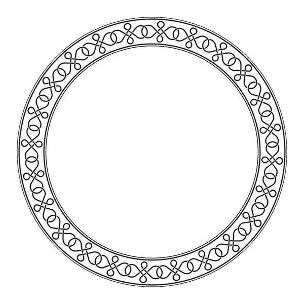 Zincirleme bant modeli, daire çerçeve. 24 iç içe geçmiş dört düğümden oluşmuş dekoratif dairesel kenar. Havadar ve iç içe geçmiş düğümlerle süslenmiş. Siyah ve beyaz, izole bir illüstrasyon. Vektör